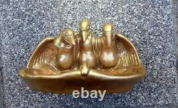 ZSOLNAY Antique Greeen-Gold Eozin Tray with Three Vultures and a Frog