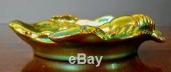 ZSOLNAY Russian Art Ceramics Eosin Iridescent Glazed Green & Gold Candy Dish