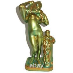 Zsolnay Art Nouveau Green Eosin Nude Woman Lady Undressing Figurine 11 x 6 1/2