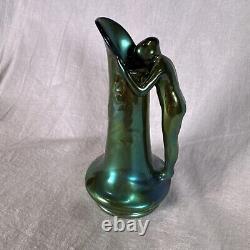 Zsolnay Eosin Art Nouveau Figural Pitcher 4.75 Tall Metallic Green Finish