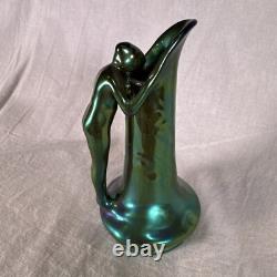 Zsolnay Eosin Art Nouveau Figural Pitcher 4.75 Tall Metallic Green Finish
