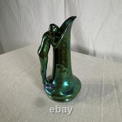 Zsolnay Eosin Art Nouveau Figural Pitcher 4.75 Tall Metallic Green Finish