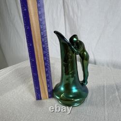Zsolnay Eosin Art Nouveau Figural Pitcher 4.75 Tall Metallic Green Finish