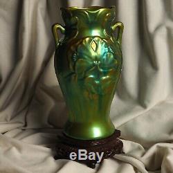 Zsolnay Handpainted Art Nouveau Big Green Blue Eosin Glaze Porcelain Poppy Vase
