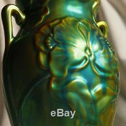 Zsolnay Handpainted Art Nouveau Big Green Blue Eosin Glaze Porcelain Poppy Vase