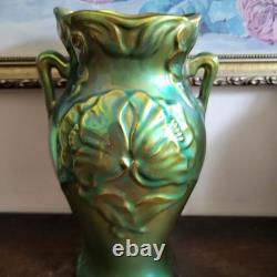 Zsolnay Hungary Art Nouveau Eosin Glase Green Vase 8.75