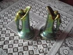 Zsolnay Pecs eosin ewers vintage art nouveau pair with naked maidens miniatures
